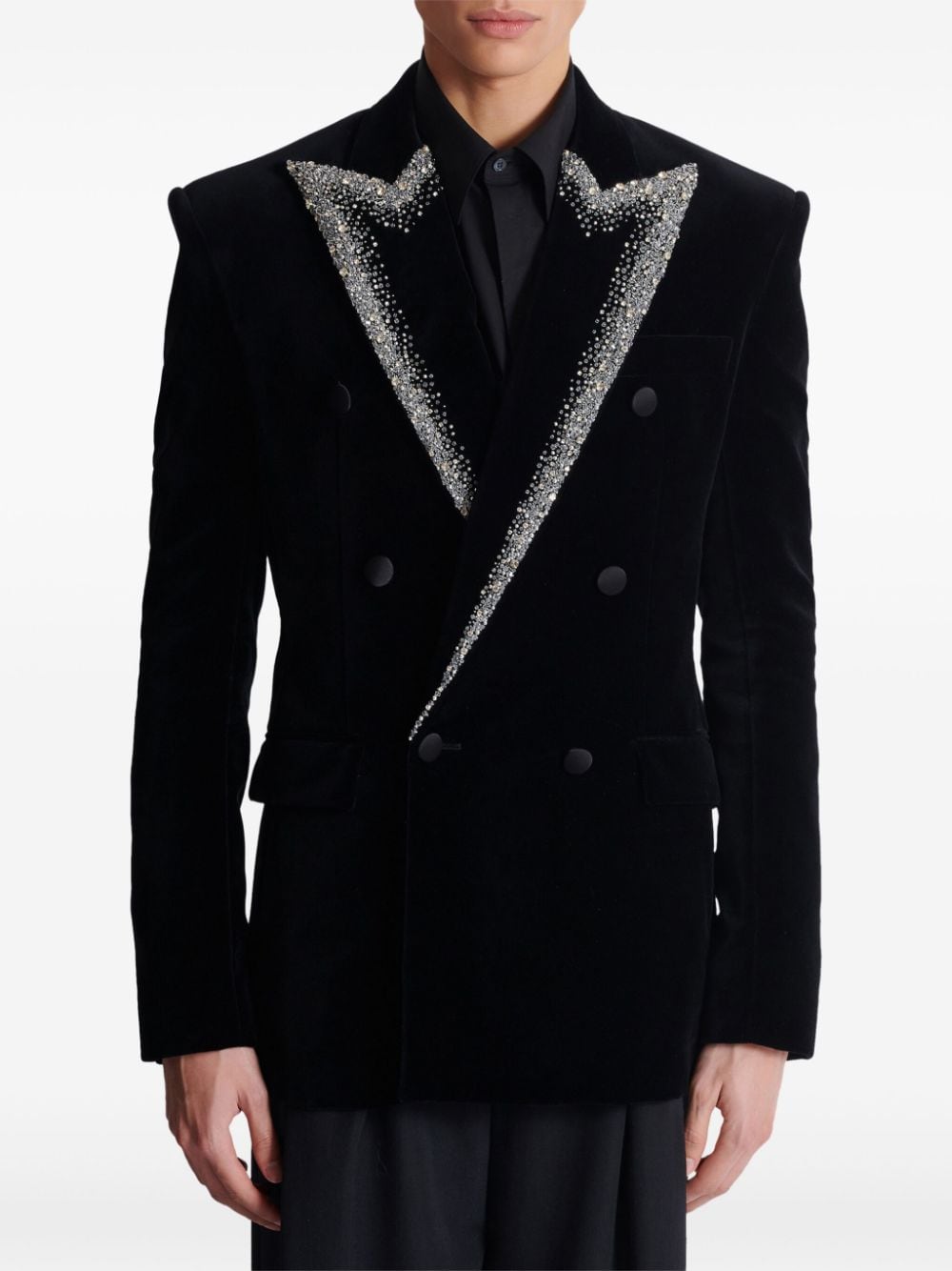 Shop Balmain Embroidered Velvet Jacket In Black