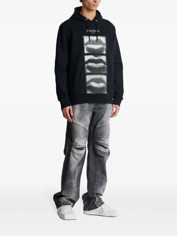 パーカー・フーディ BALMAIN FW24 LIPS PRINT HOODIE (DH0JT047GE07 EAB) Balmain Lips Print Hoodie | Black | FARFETCH