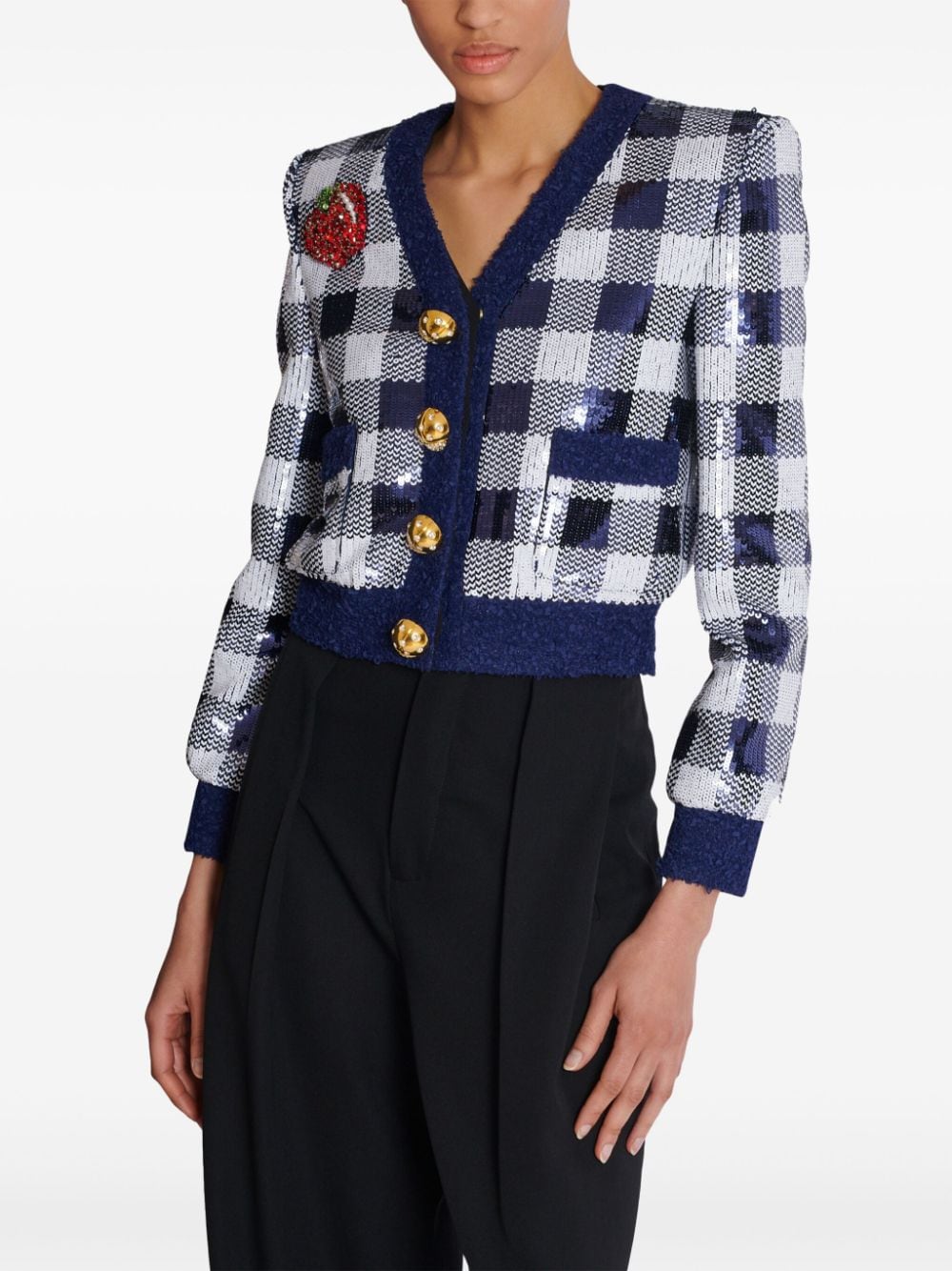 Shop Balmain Sequined Cropped Knit Jacket In Blue