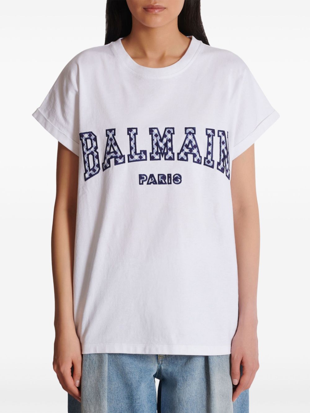 Shop Balmain Gingham Paris T-shirt In White