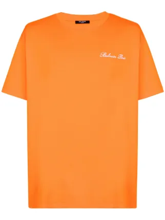 【関税込み】Balmain オレンジ フロック Tシャツ Balmain Embroidered Signature Logo t-shirt | Orange | FARFETCH