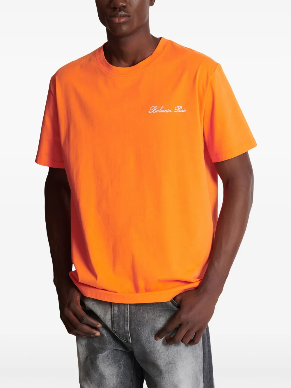 【関税込み】Balmain オレンジ フロック Tシャツ Balmain - Orange t-shirt with logo print AF1EF005BB02 - shop