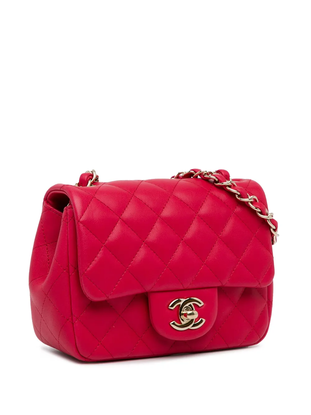Pre-owned Chanel 2015-2016 Mini Square Classic Lambskin Single Flap Crossbody Bag In Red
