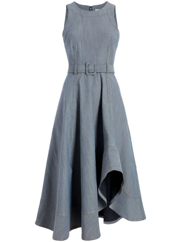 frame cotton asymmetric tiered midi dress Freya Tiered Midi Dress - White + Blue Floral main image 1