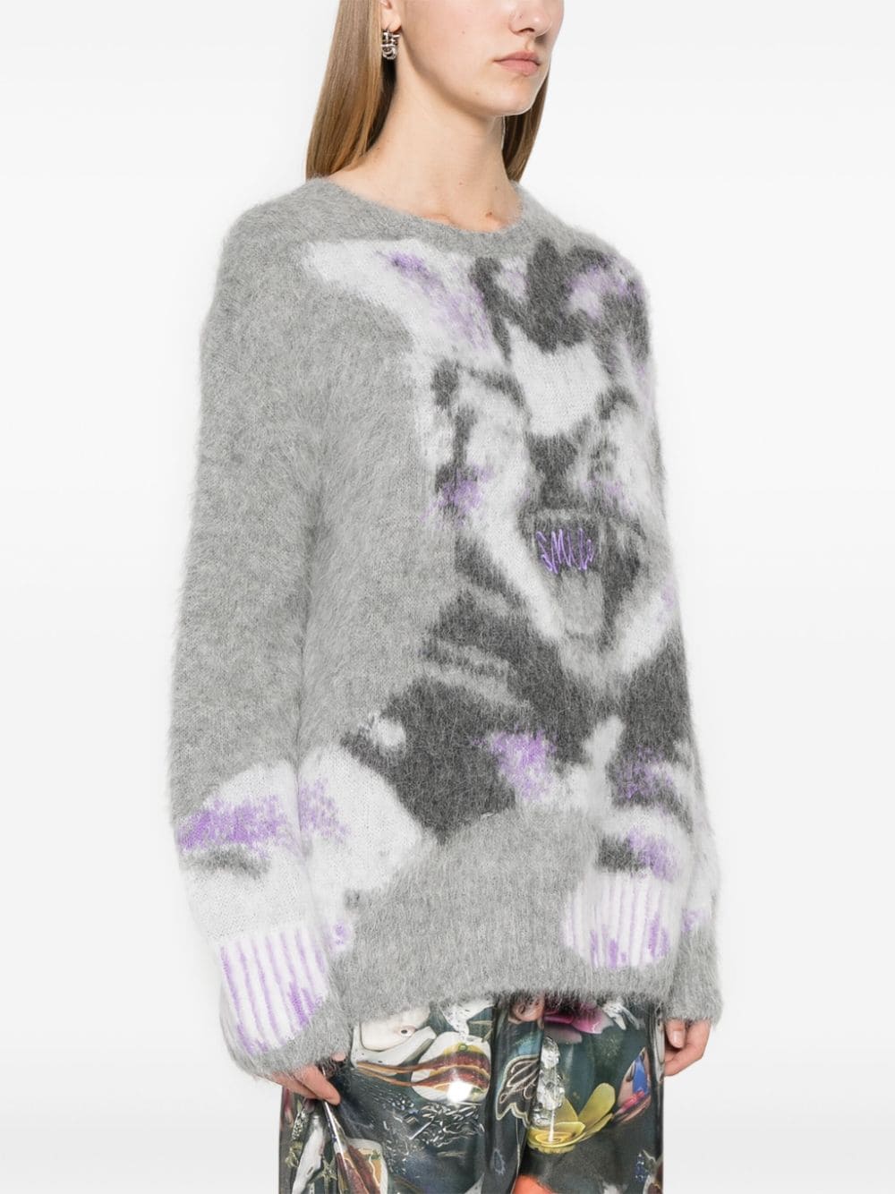 Shop Stella Mccartney Cat Intarsia Sweater In Silver