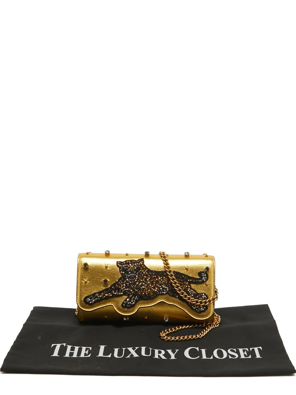 Pre-owned Gucci Embroidered-tiger Studded Clutch In Gold