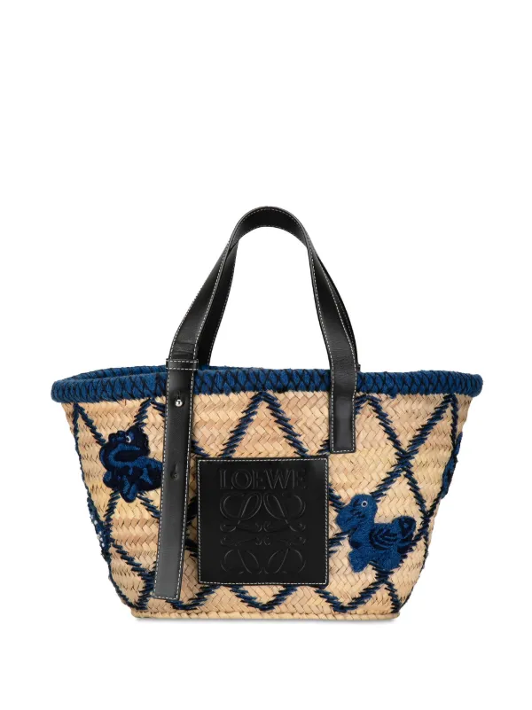 Loewe Pre Owned 2019 William de Morgan Medium Embroidered Palm Leaf Basket tote bag women Raffia Calf Leather One Size Brown