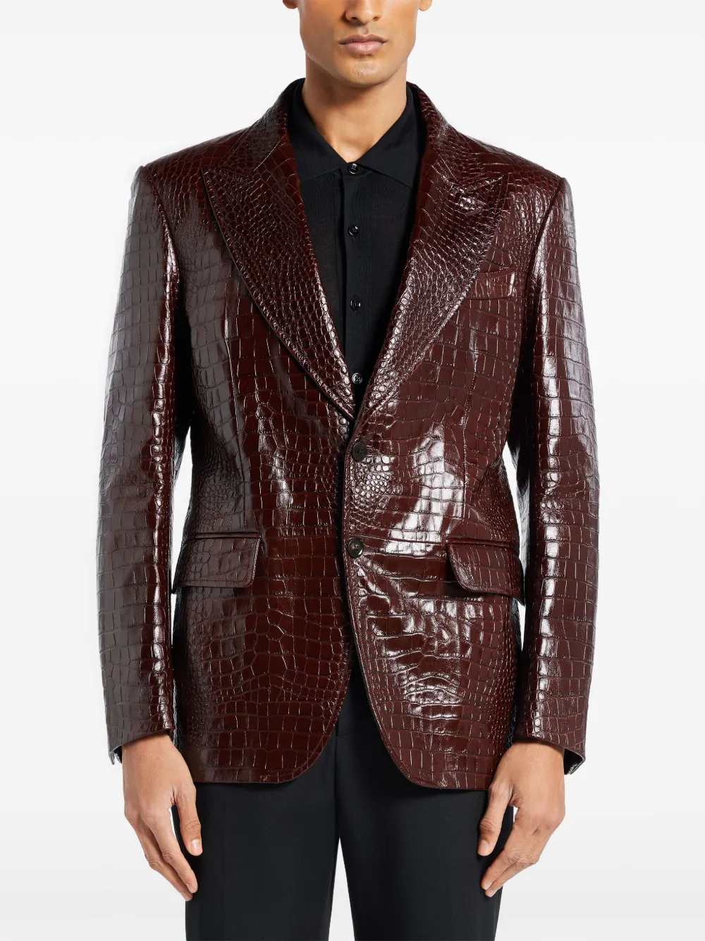 TOM FORD Leren blazer met krokodillen-reliëf Bruin