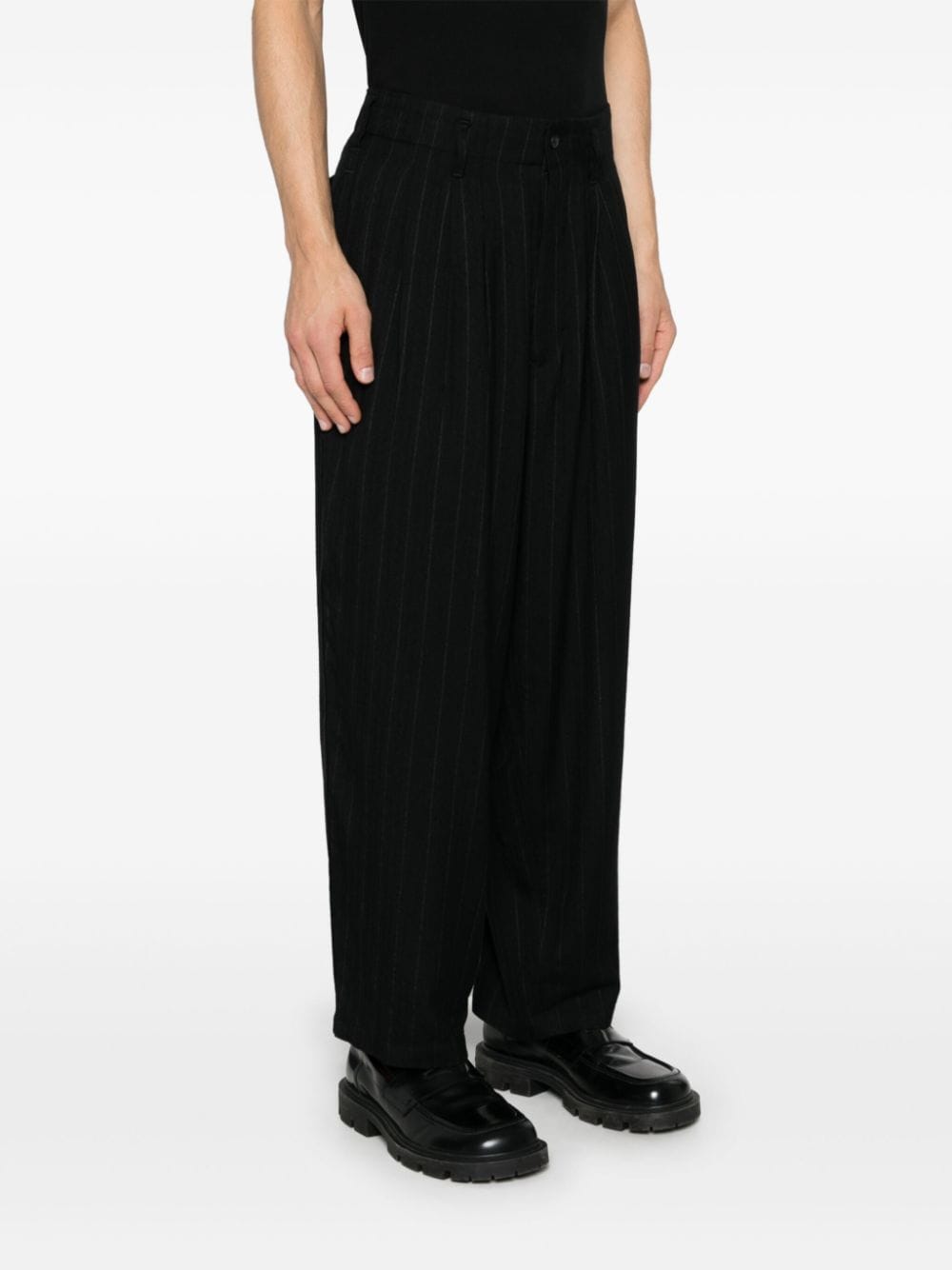 Shop Yohji Yamamoto Pinstriped Side-tape Trousers In Black