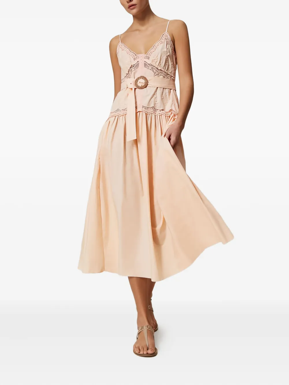 TWINSET Midi-jurk met kanten vlakken en ceintuur - Roze