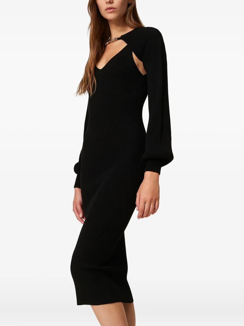 Twinset Chain-embellished Ribbed-knit Midi Dress In Black