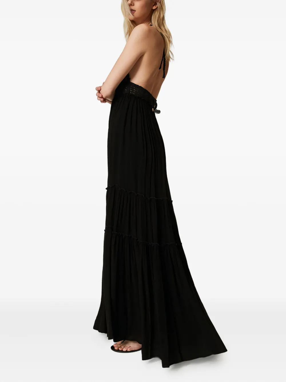 TWINSET Gelaagde maxi-jurk met gehaakt halternek Zwart
