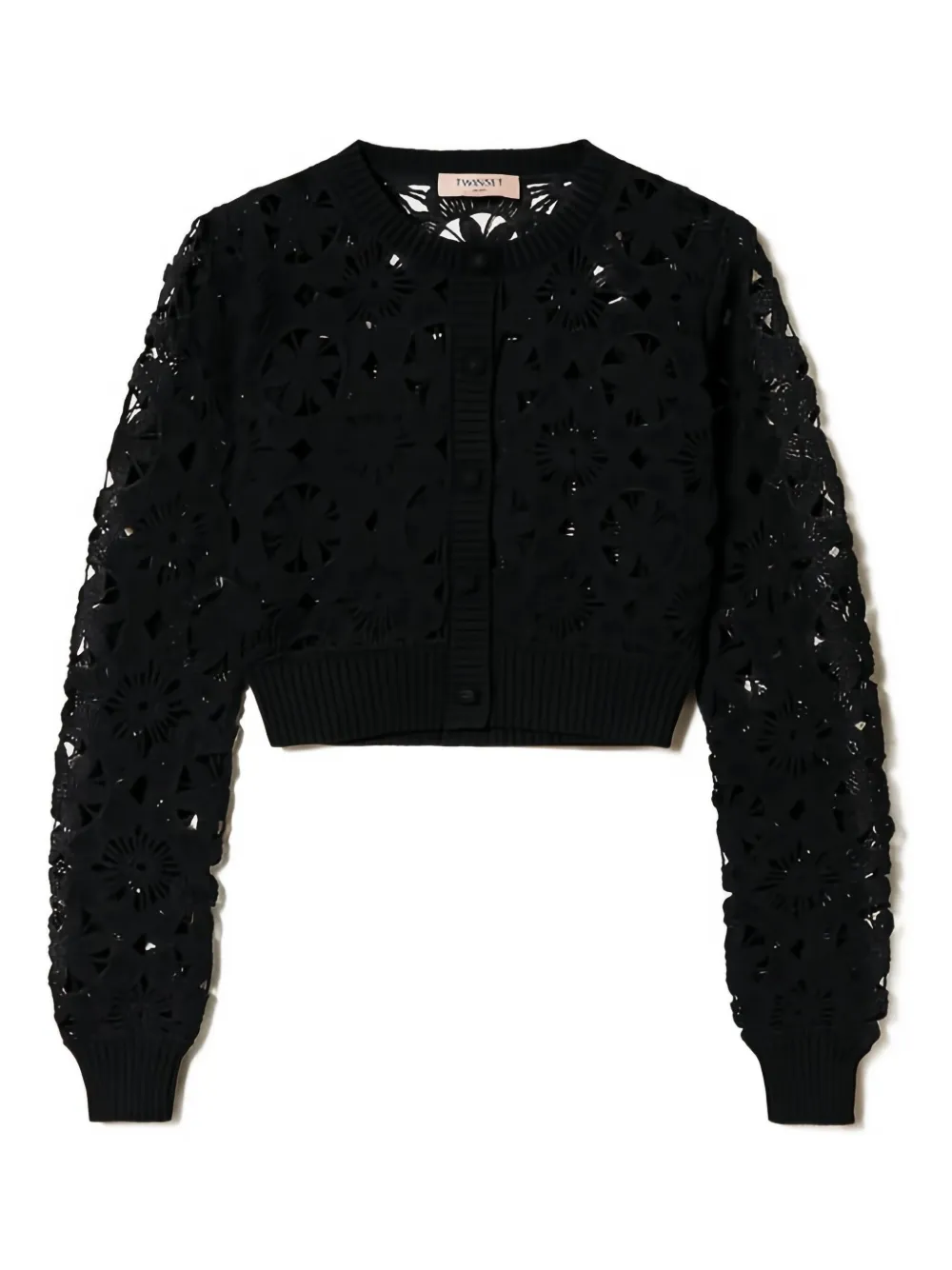 Twinset Floral Crochet Cropped Cardigan In Black