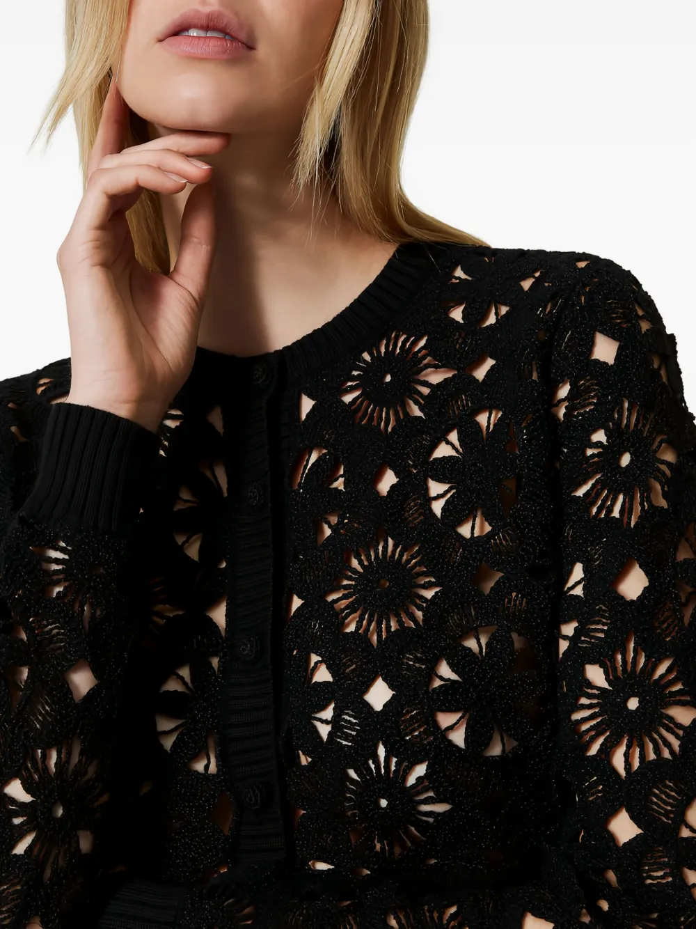 Twinset Floral Crochet Cropped Cardigan In Black