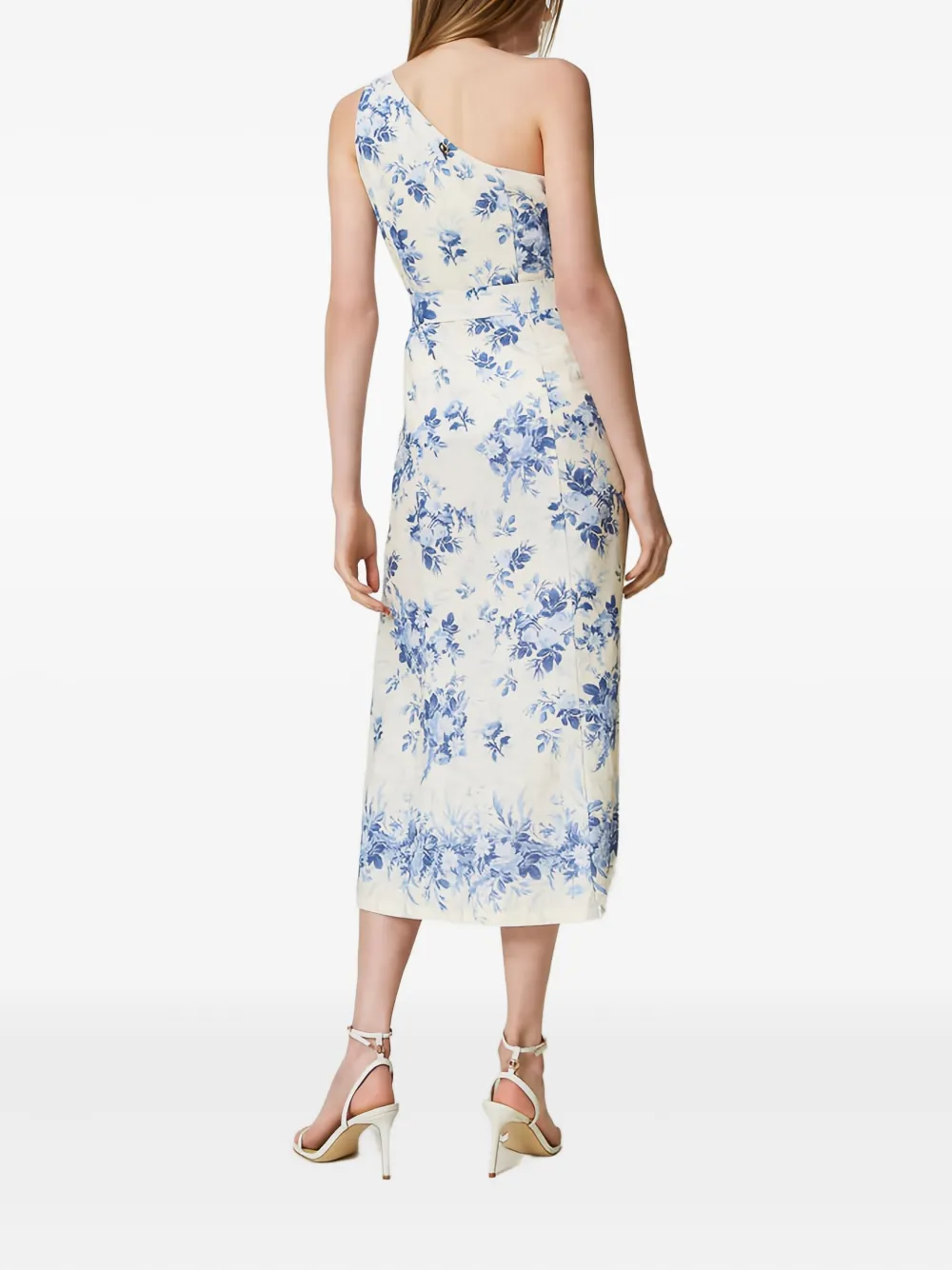 Twinset Floral-print One-shoulder Midi Dress In Neutral