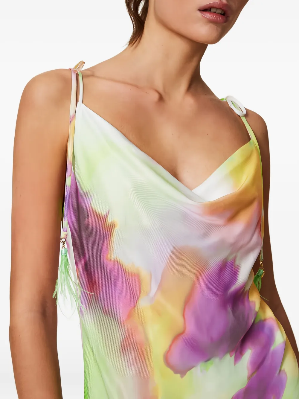 TWINSET Midi-jurk met tie-dye print en veren Groen