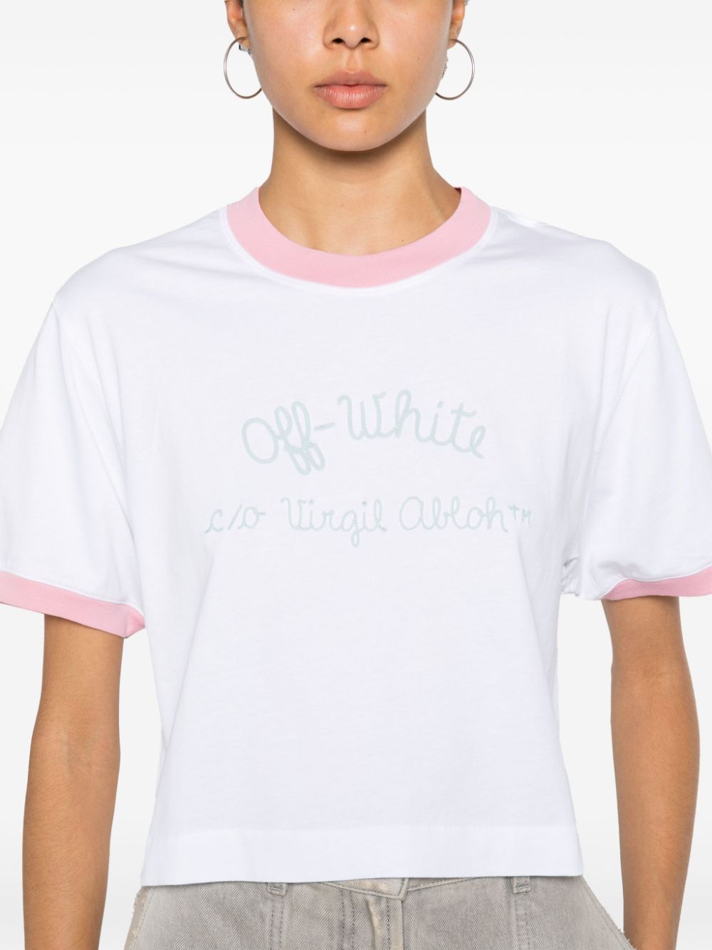 Shop Off-white Script-embroidered Cropped T-shirt In White