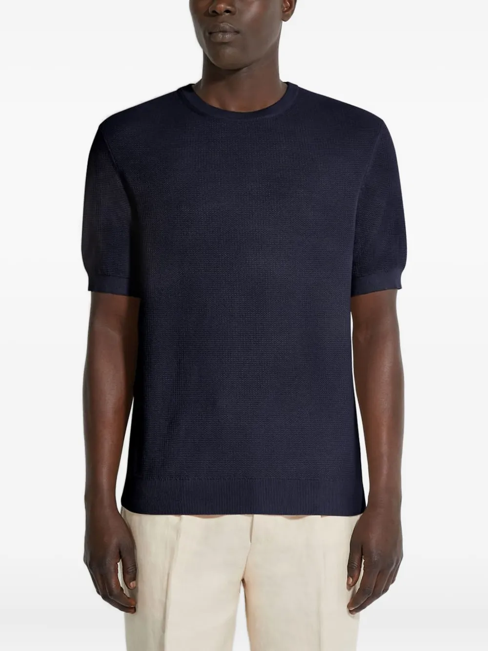 Zegna Textured Cotton Crewneck T-shirt In Blue