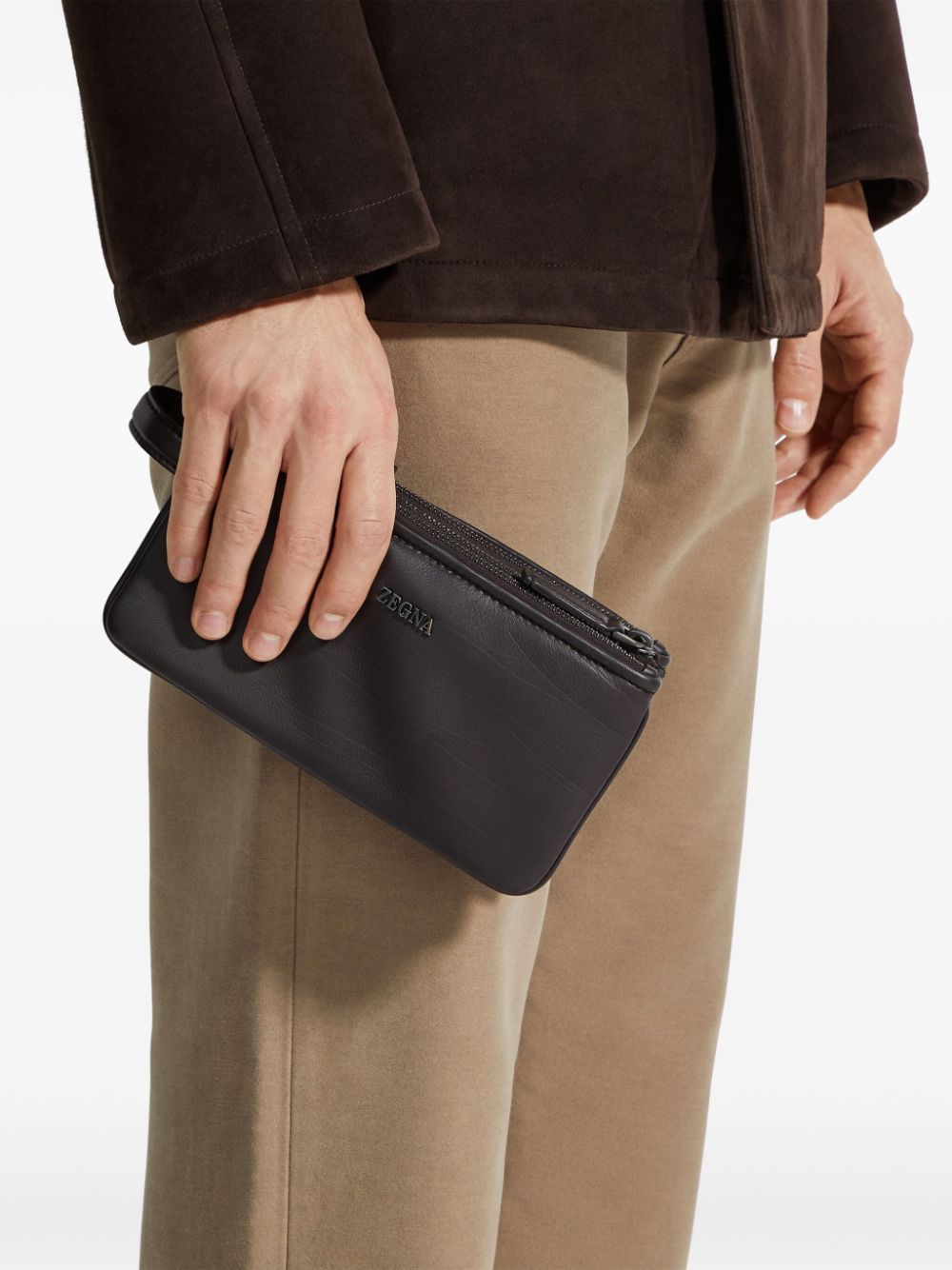 Shop Zegna Leather Clutch Bag In Brown