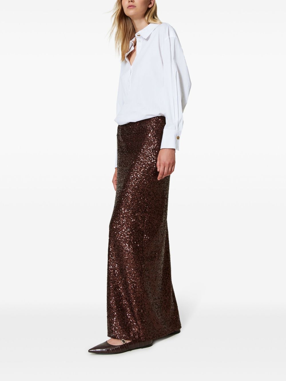 Shop Twinset Sequined Long Skirt In Brown