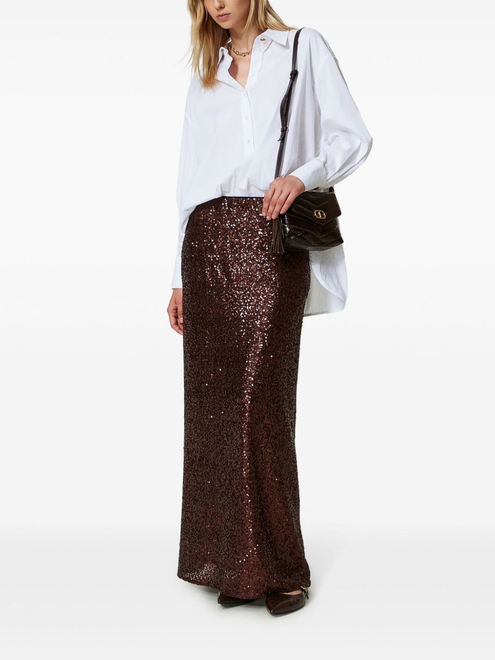 Shop Twinset Sequined Long Skirt In Brown