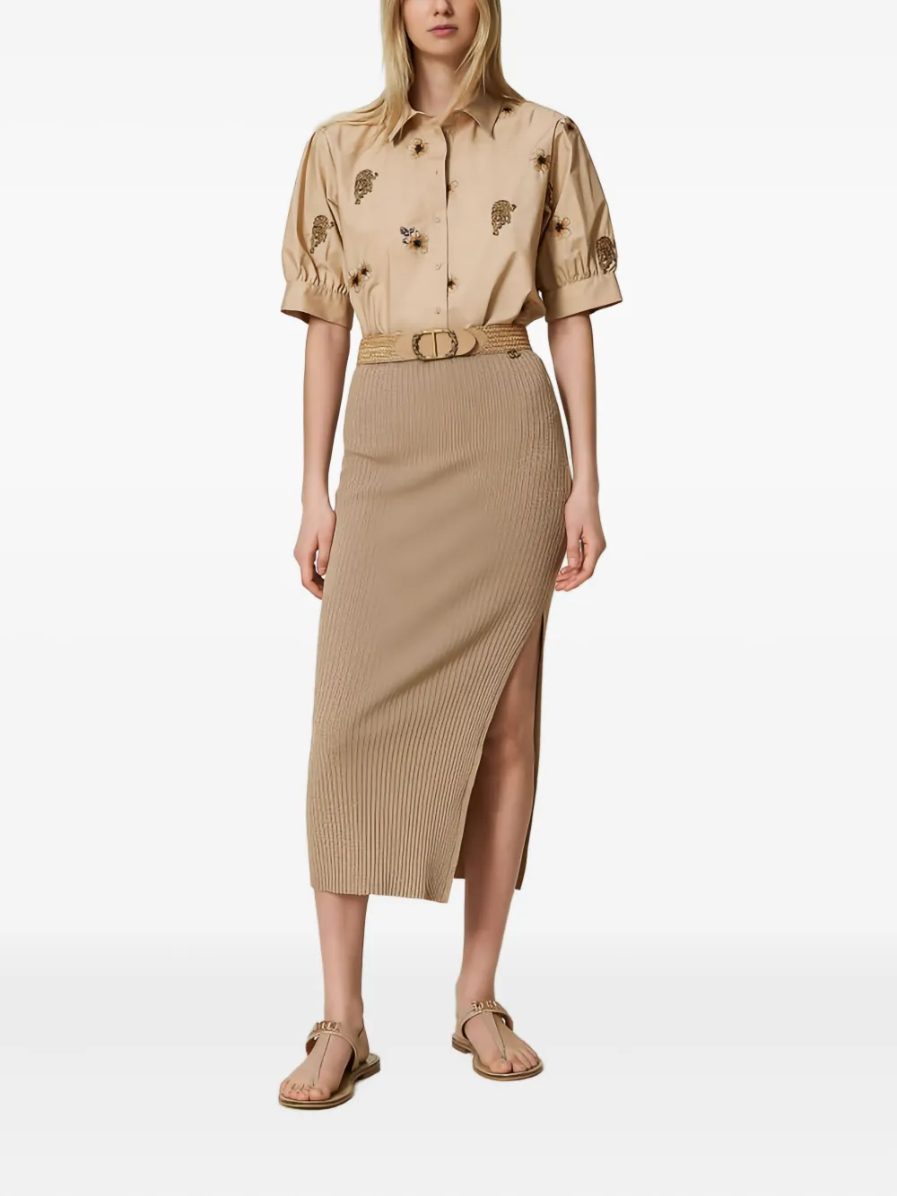 TWINSET Ribgebreide lurex midi-rok - Beige