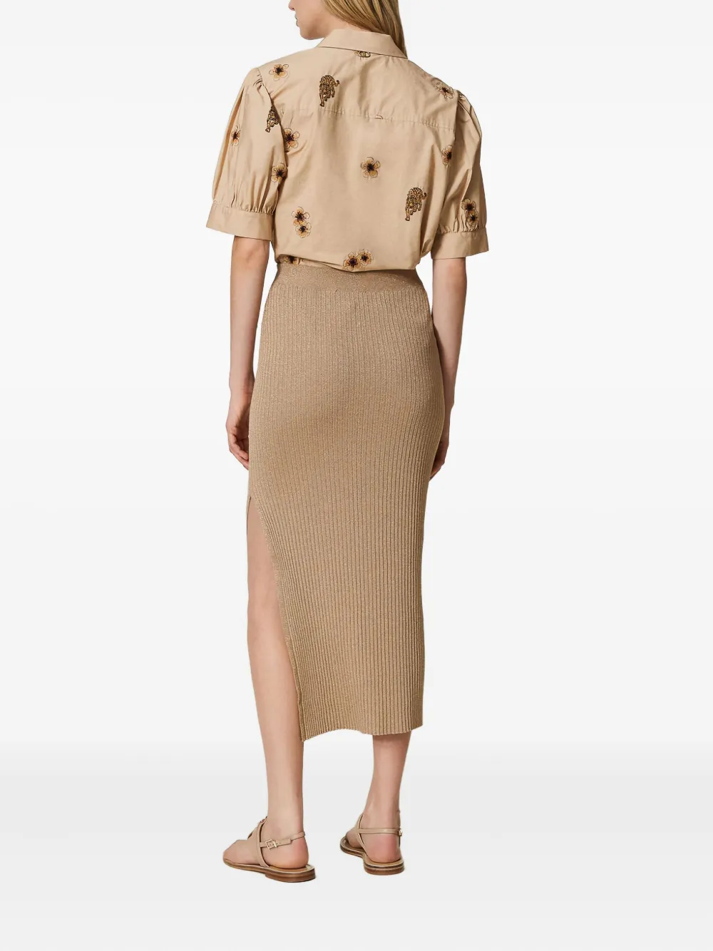 Twinset Lurex Ribbed-knit Midi Skirt In Brown
