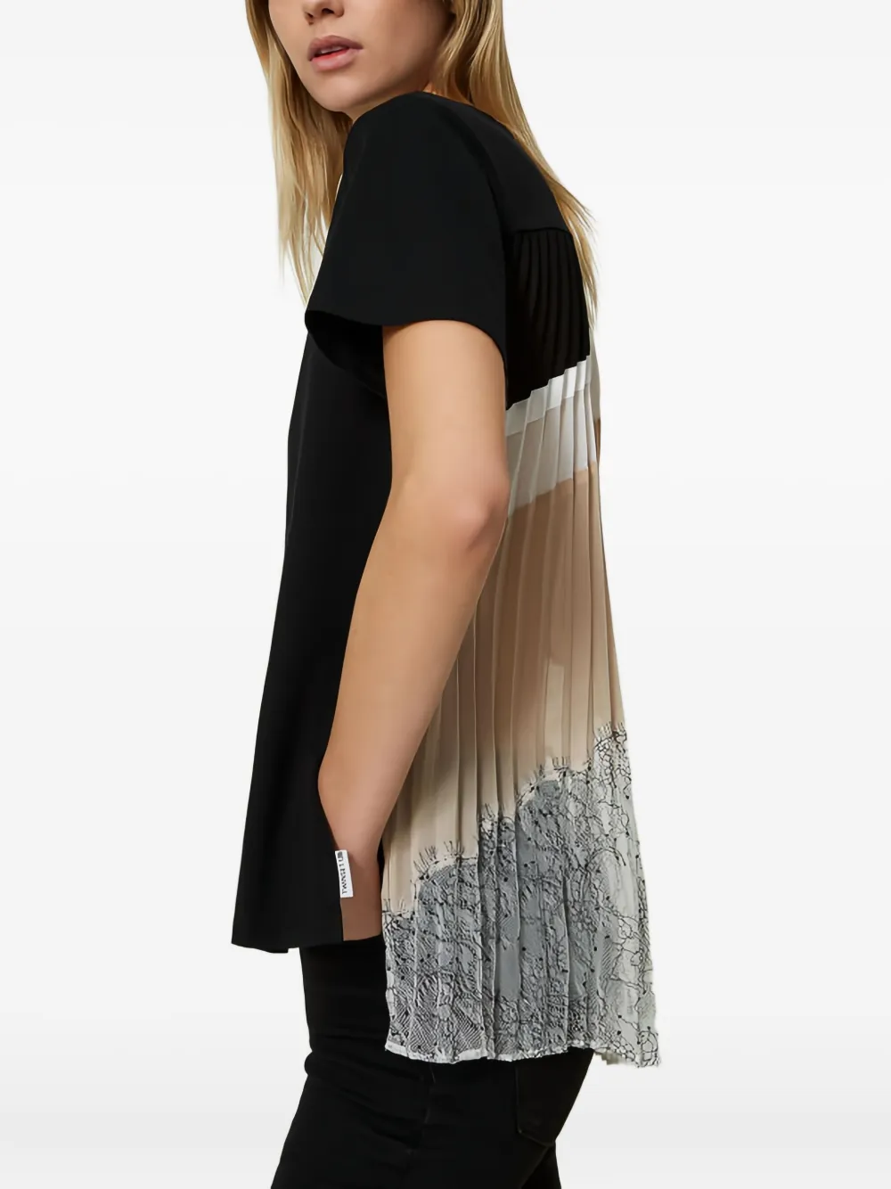 Twinset Pleated Lace T-shirt In Black