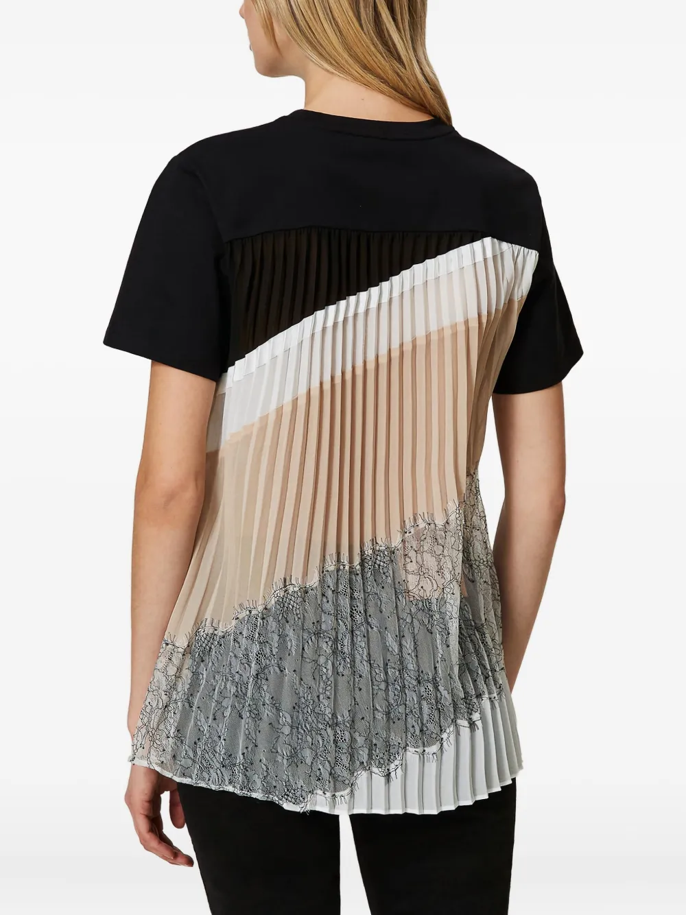 Twinset Pleated Lace T-shirt In Black