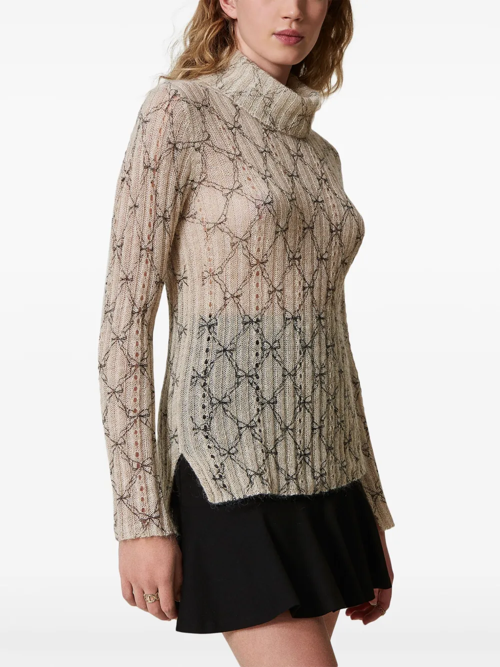 Twinset Roll-neck Printed Sweater In Neutrals