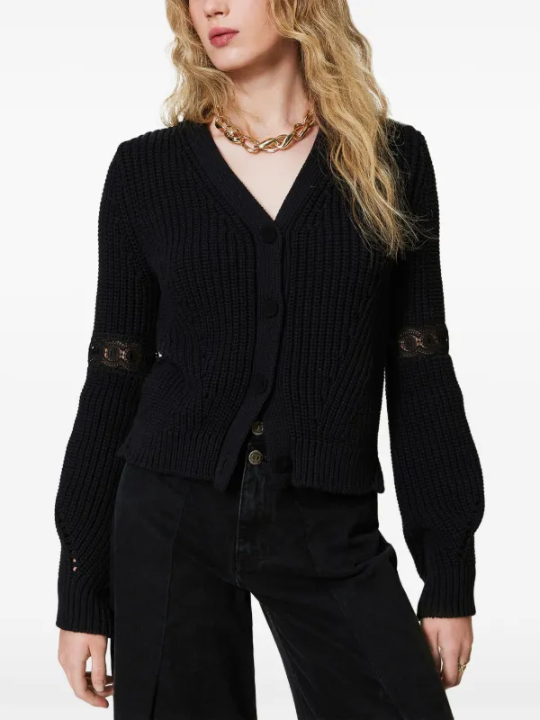 TWINSET lace-panel Knitted Cardigan Black FARFETCH AU