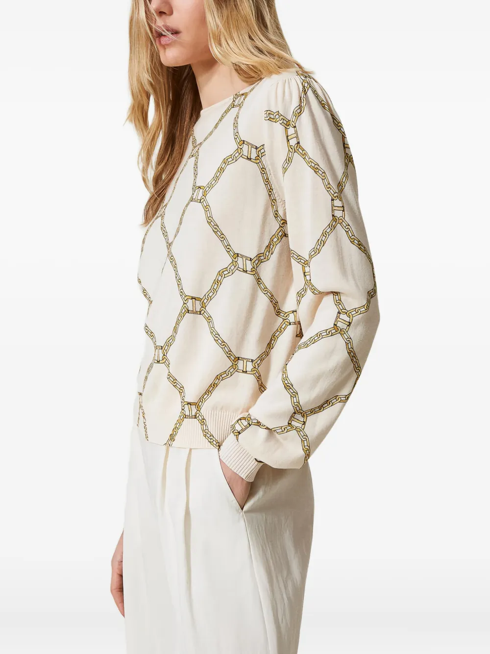 Twinset Chain-print Keyhole Sweater In Neutral