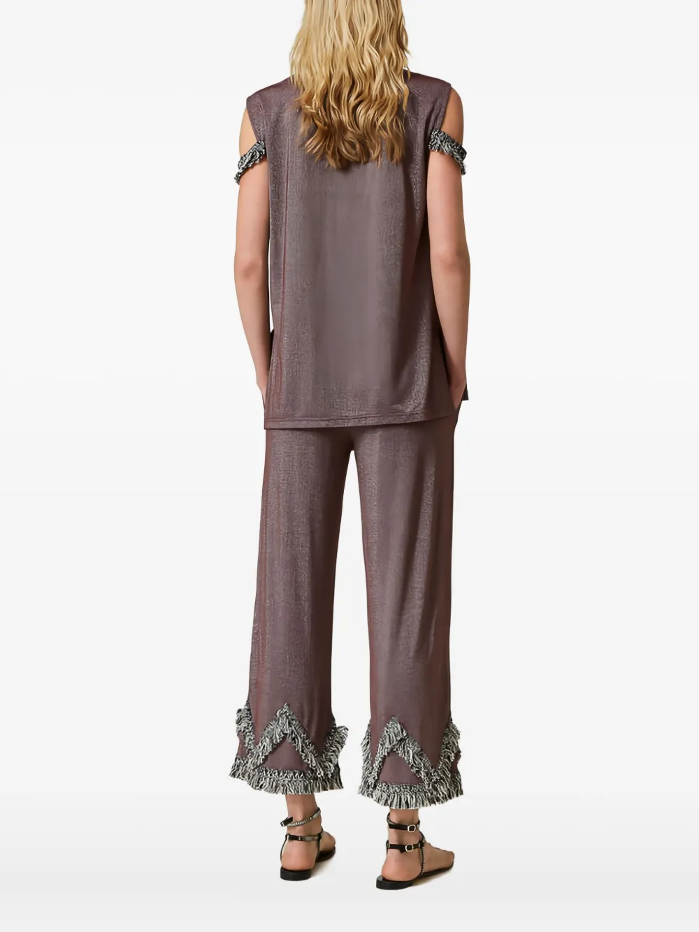 Twinset Fringe-trimmed Palazzo Trousers In Gray