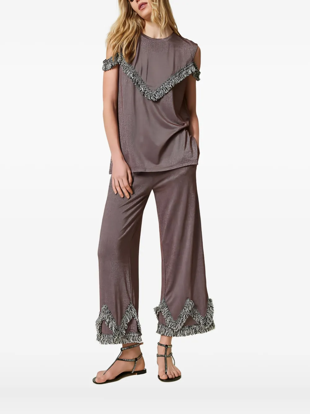 TWINSET Palazzo broek met franje afwerking - Bruin