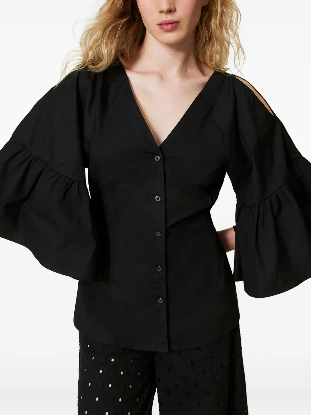 TWINSET Popeline blouse met fladdermouwen - Zwart