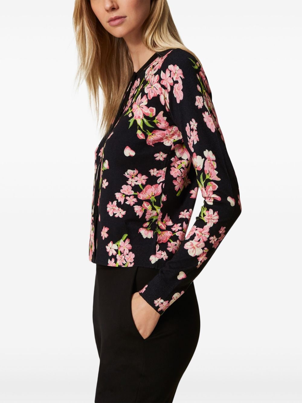 Shop Twinset Floral-print Cardigan In Black