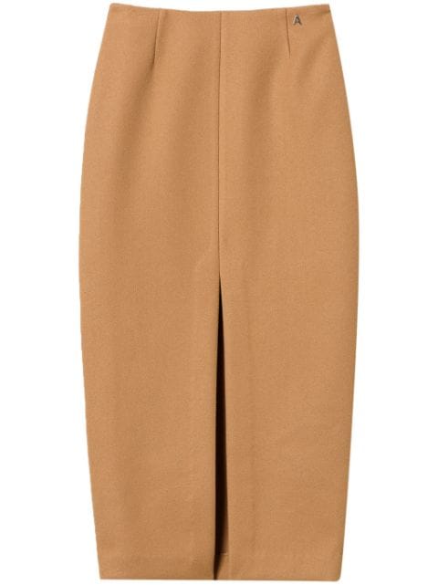 deep front-slit straight midi skirt