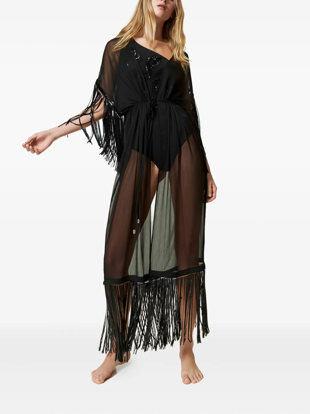 Twinset Sequin-embellished Fringed Cover-up In Black