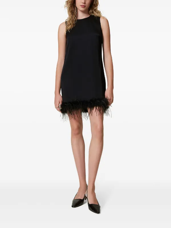 satin effect feather detail mini dress Pink Coast One Shoulder Feather Trim Satin Mini Dress