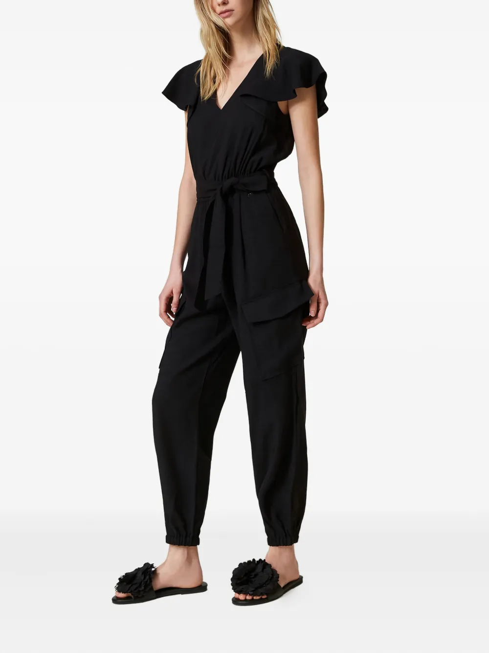 Twinset Flutter-sleeved Cargo Jumpsuit In Black