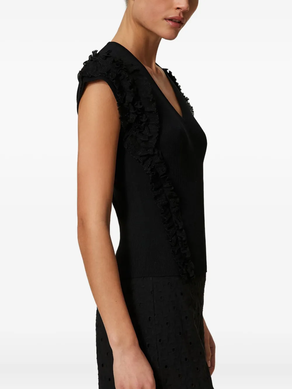 TWINSET Ribgebreide top met ruches - Zwart