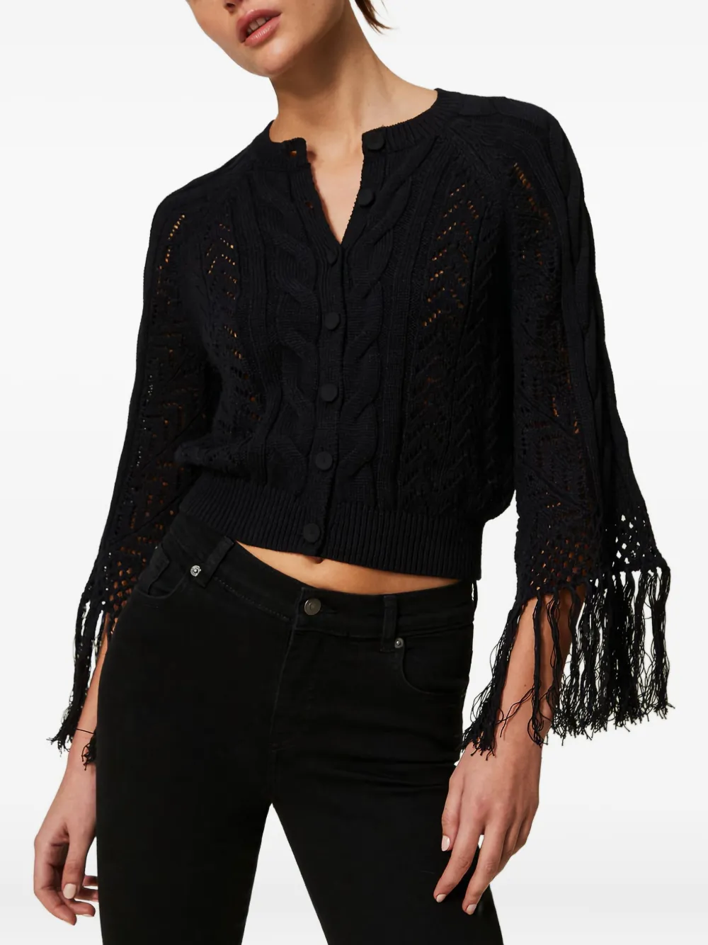 TWINSET Kabelgebreid vest met franje Zwart