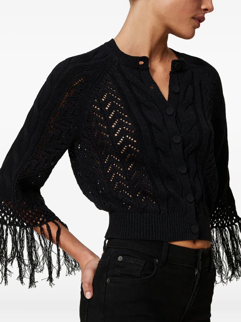 TWINSET Kabelgebreid vest met franje Zwart