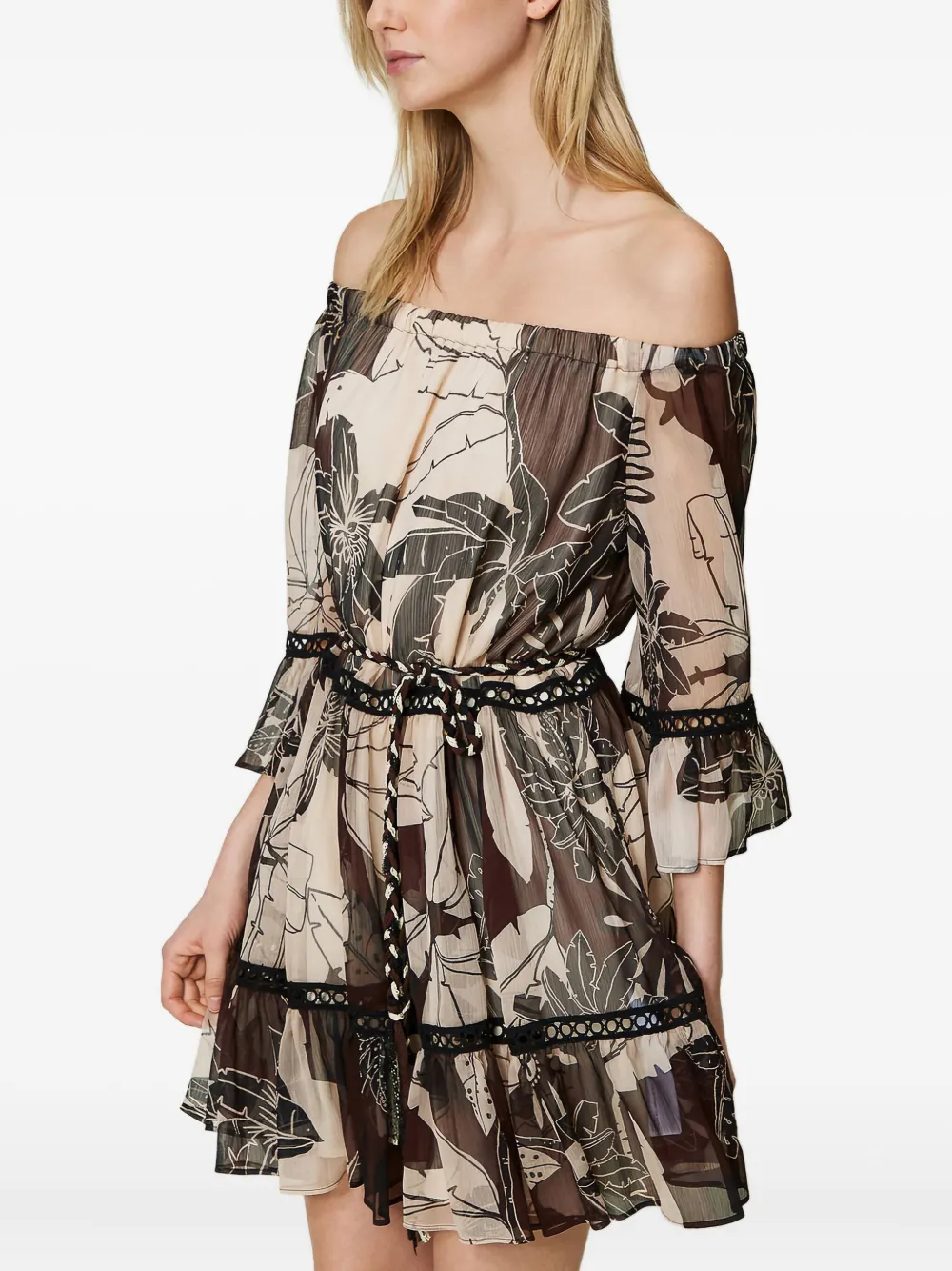 TWINSET off-shoulder flower-printed mini dress - Bruin