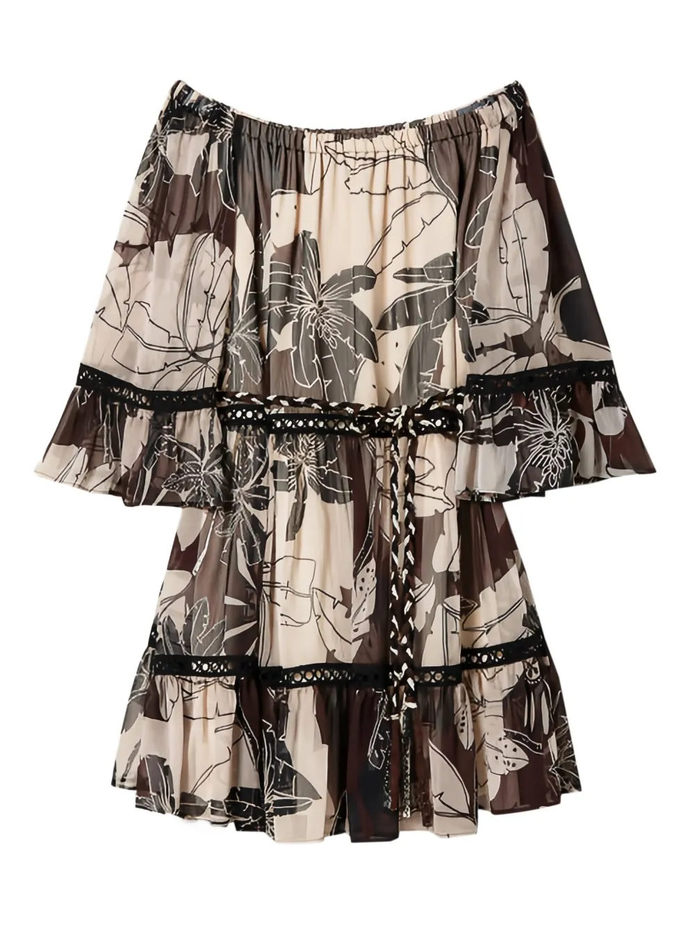 TWINSET off-shoulder flower-printed mini dress | Brown | Image 1