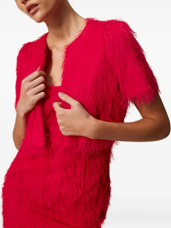 strapless open back dress Red short jacket bustier and draped skirt set