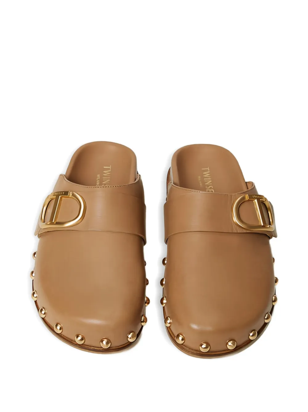 Twinset Oval-t Studded Mules In Brown