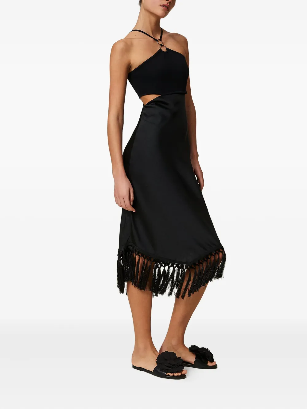 Twinset Cut-out Fringe Midi Dress In Black