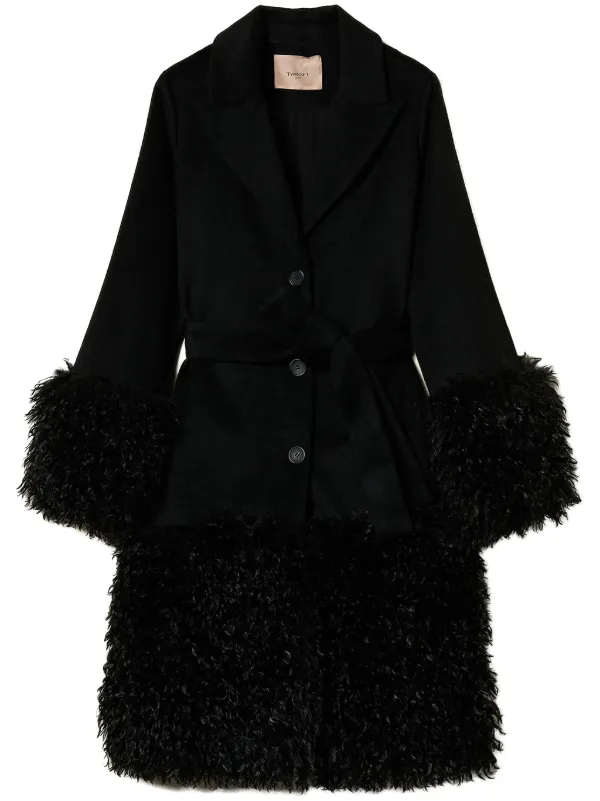 TWINSET Faux Fur Trim Belted Coat Black FARFETCH PH