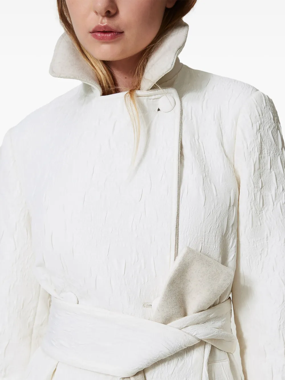 Shop Twinset Embossed Double-breasted Coat In White